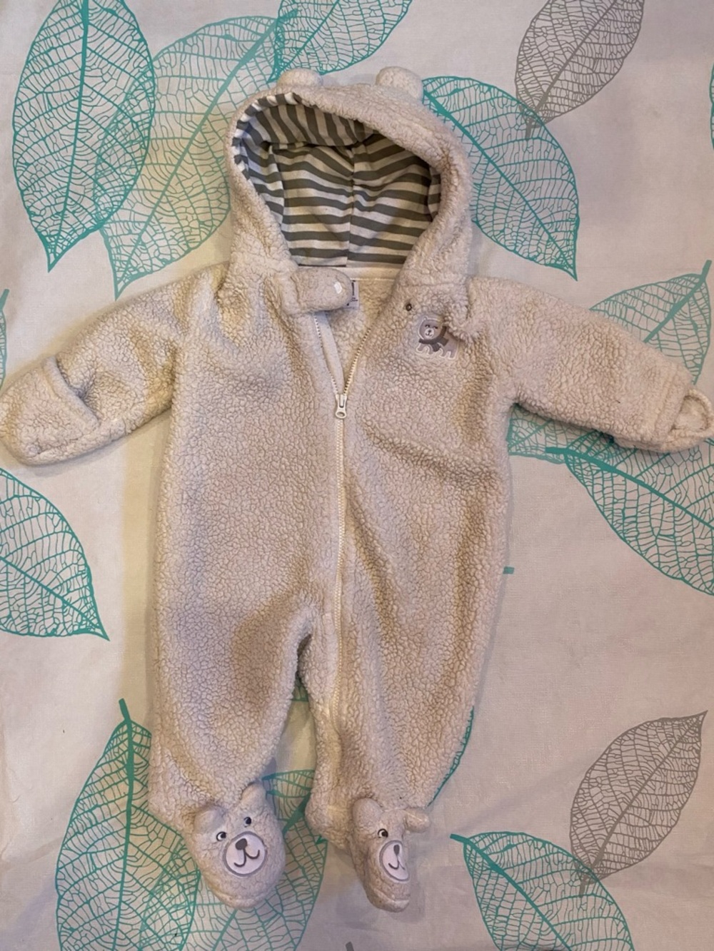 Carter's Cream Sherpa Hooded Footed One-Piece with Striped Lining